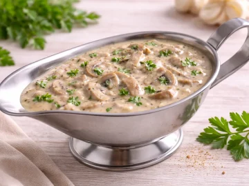 Cremige Champignonsoße mit Petersilie in einer Edelstahlsauciere auf hellem Holztisch