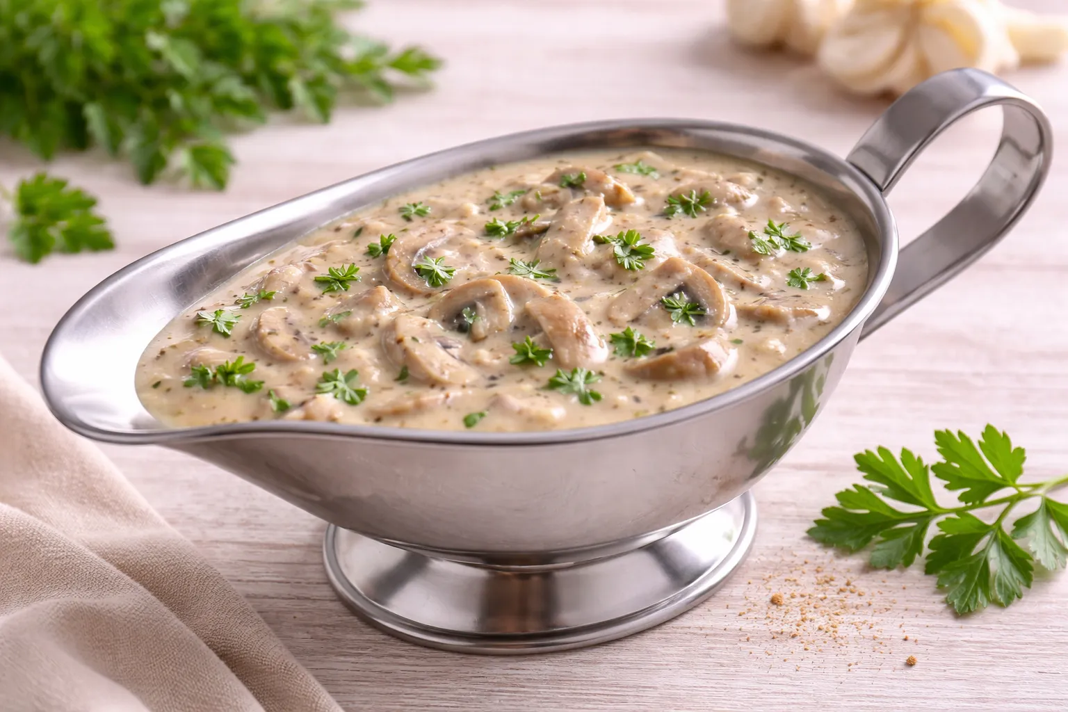 Cremige Champignonsoße mit Petersilie in einer Edelstahlsauciere auf hellem Holztisch