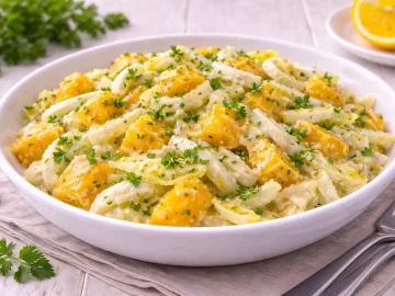 Chicorée-Orangen-Salat mit Petersilie und cremigem Dressing in weißer Schüssel auf hellem Holzhintergrund