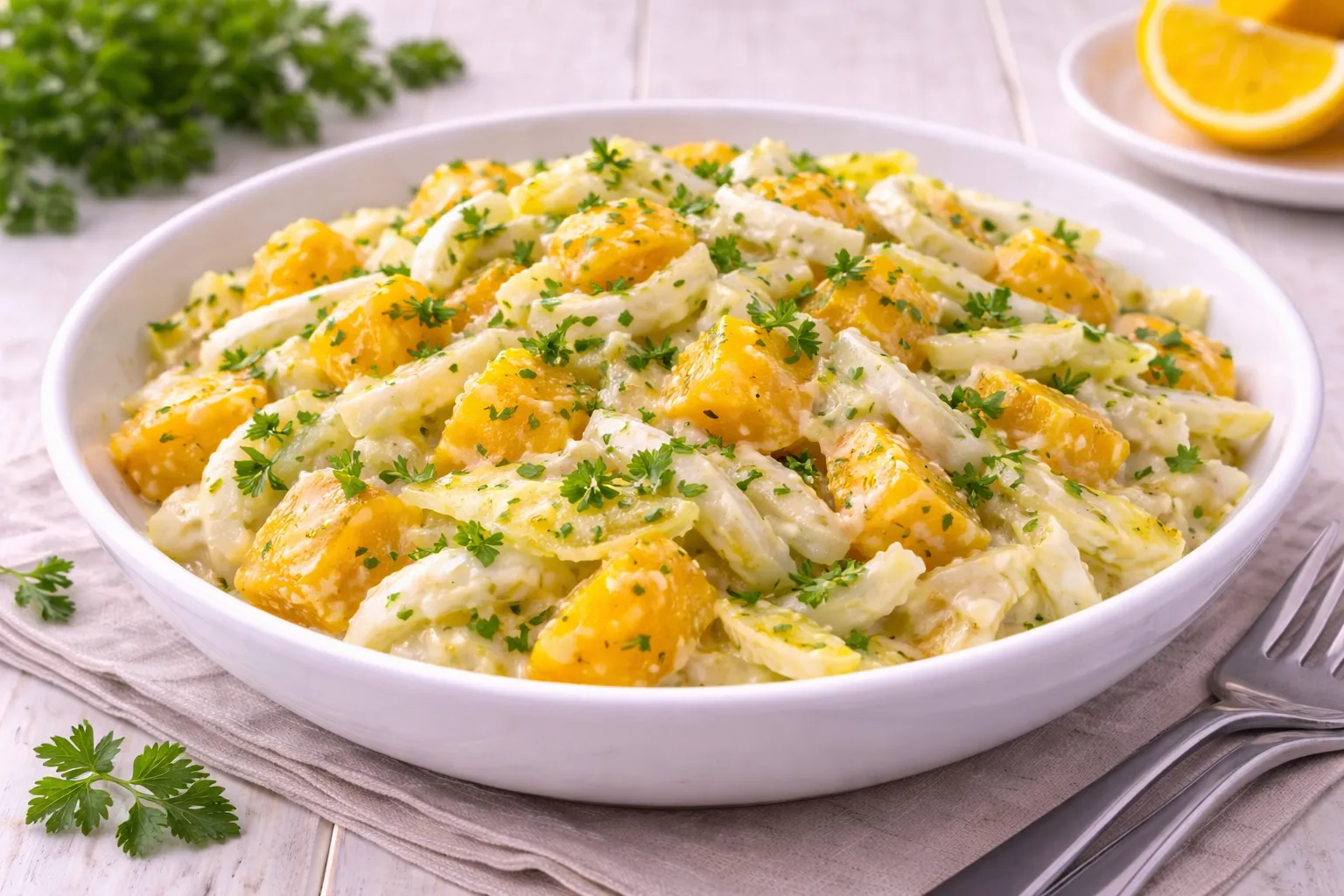 Chicorée-Orangen-Salat mit Petersilie und cremigem Dressing in weißer Schüssel auf hellem Holzhintergrund