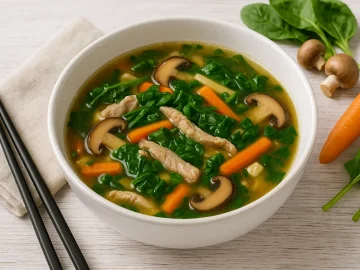 Weiße Suppenschale mit chinesischer Gemüsesuppe, mit Schweinefleisch, Spinat, Möhren und Pilzen auf weißem Holztisch