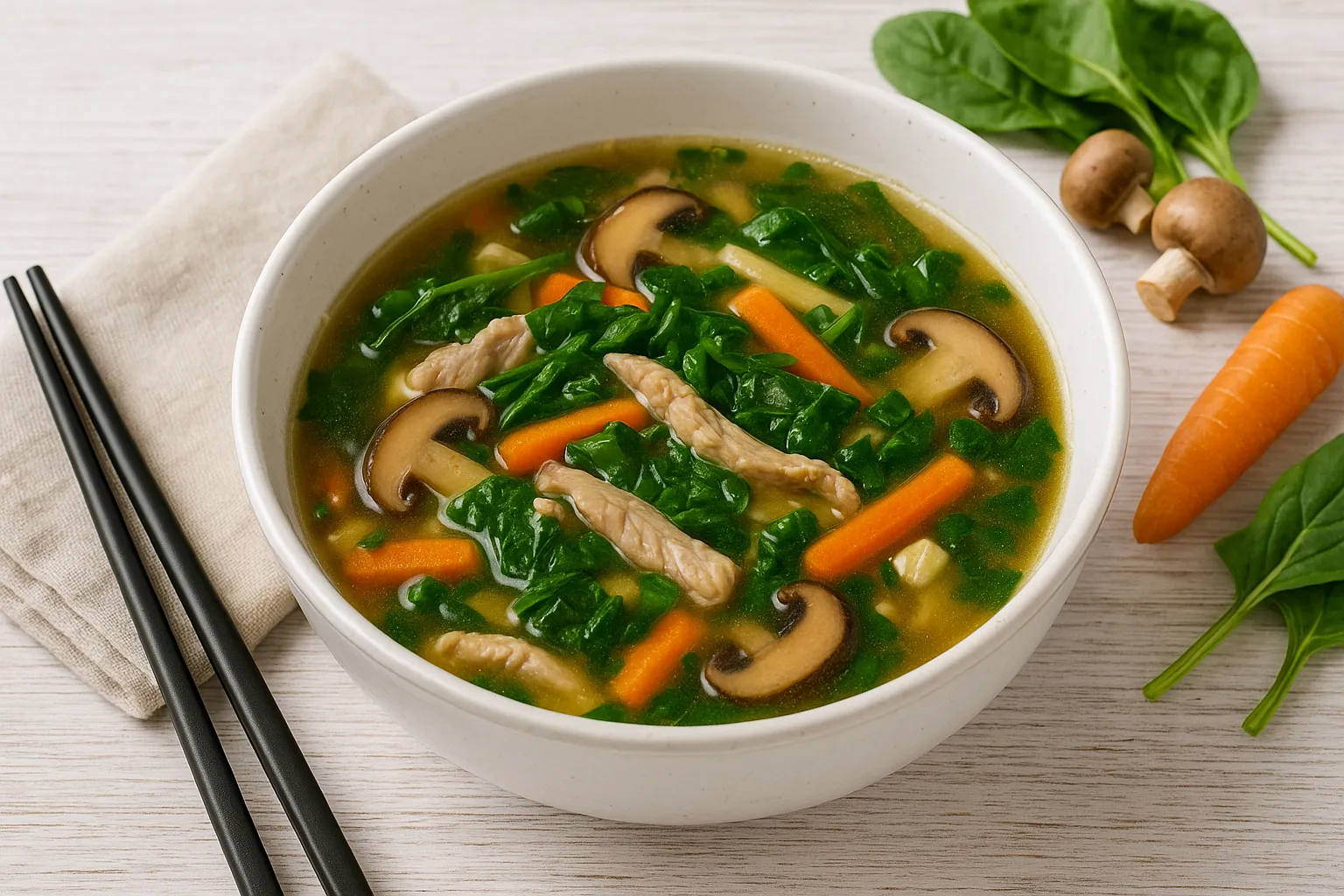 Weiße Suppenschale mit chinesischer Gemüsesuppe, mit Schweinefleisch, Spinat, Möhren und Pilzen auf weißem Holztisch