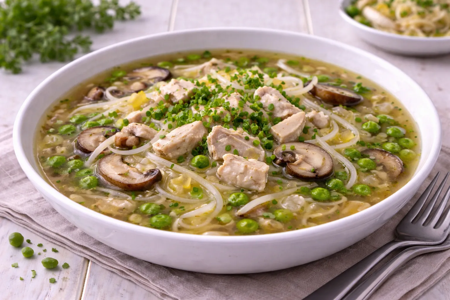 Chinesische Hühnersuppe mit Hühnerfleisch, Pilzen, Glasnudeln, Erbsen und Sojasprossen in tiefem weißen Teller