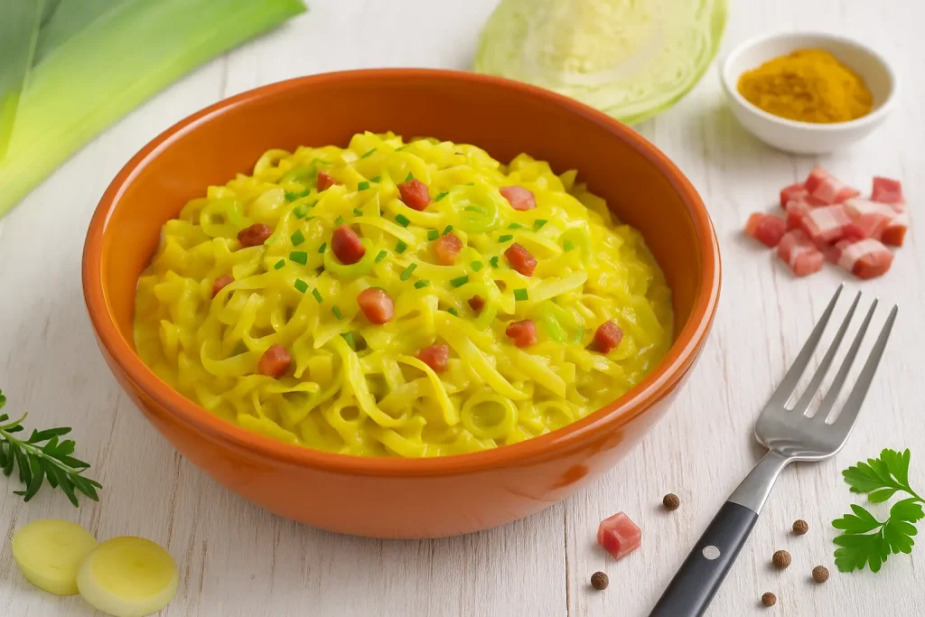  Currykraut mit Weißkohl, Porree und Speck in oranger Schale auf weißem Holztisch, dekoriert mit Curry und Porree.