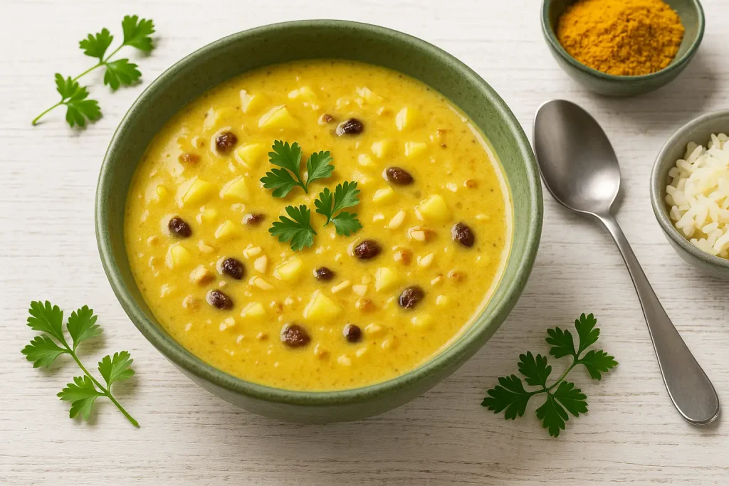  Currysuppe mit Obst, Mandeln und Sultaninen, serviert in grüner Suppenschüssel auf weißem Holztisch, dekoriert mit Petersilie und Curry.