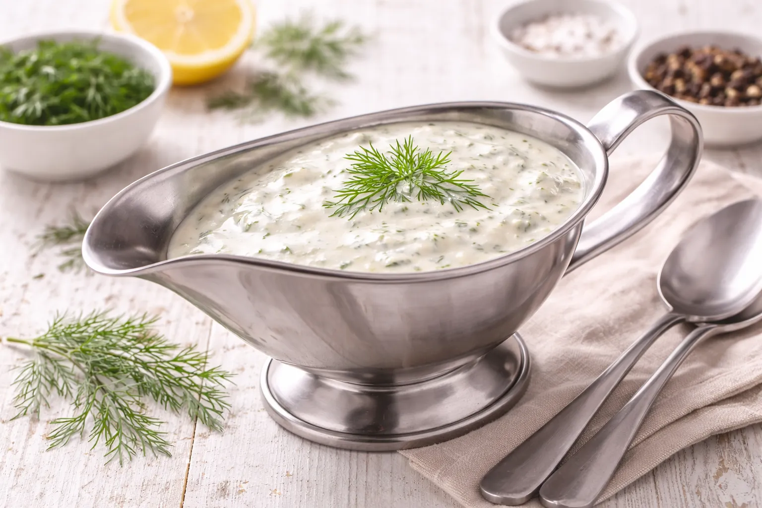 Dillsoße in einer glänzenden Edelstahl-Sauciere mit frischem Dill auf hellem Holztisch