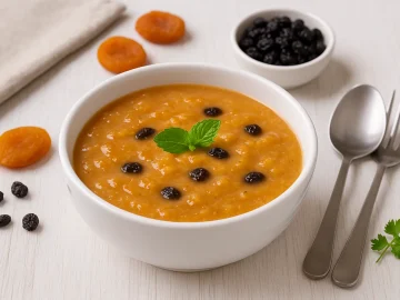 Dörrobstkaltschale aus pürierten Aprikosen, Korinthen und Milch in weißer Schüssel auf Holztisch