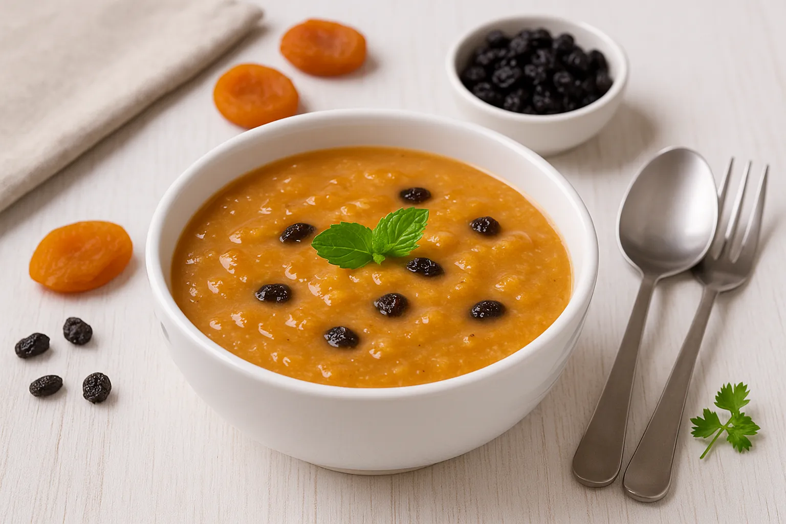 Dörrobstkaltschale aus pürierten Aprikosen, Korinthen und Milch in weißer Schüssel auf Holztisch