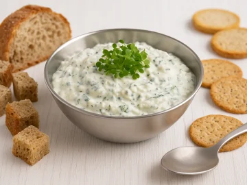 Cremiger Edelpilzkäse-Dip mit frischen Kräutern in Edelstahlschale, serviert mit Brot und Crackern