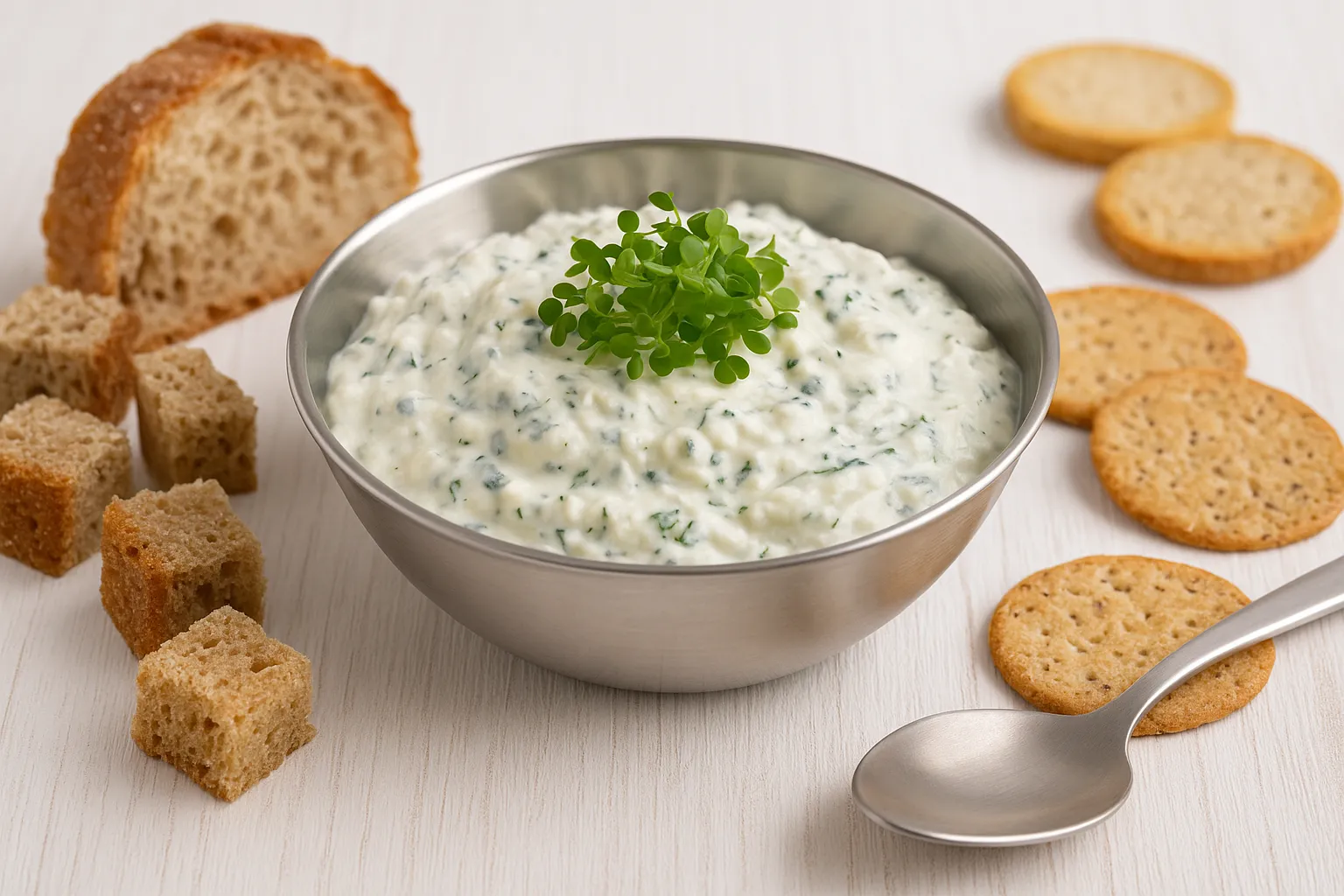 Cremiger Edelpilzkäse-Dip mit frischen Kräutern in Edelstahlschale, serviert mit Brot und Crackern