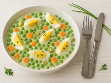 Ei-Gemüse-Salat mit Erbsen, Möhren, Gurken und Schnittlauch in einer Schüssel auf hellem Holztisch