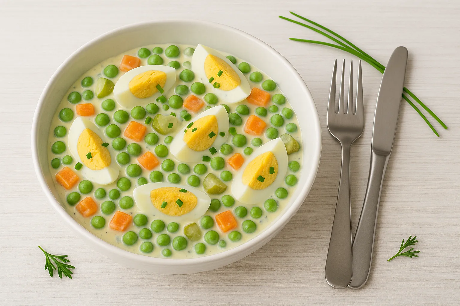 Ei-Gemüse-Salat mit Erbsen, Möhren, Gurken und Schnittlauch in einer Schüssel auf hellem Holztisch