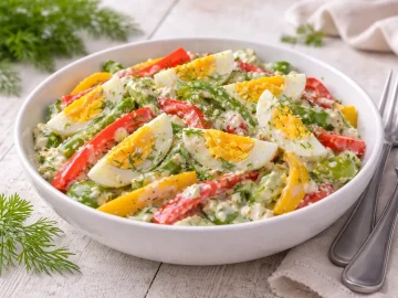 Eier und Paprika in Joghurtsoße angerichtet in Schüssel auf hellem Holztisch