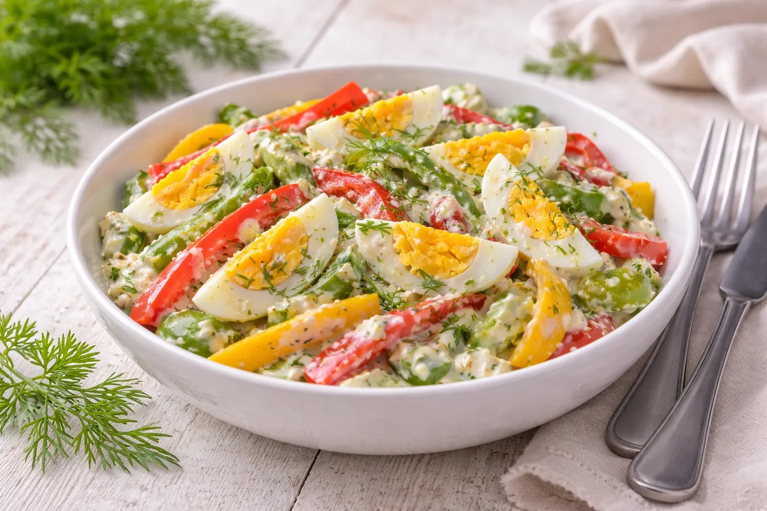 Eier und Paprika in Joghurtsoße angerichtet in Schüssel auf hellem Holztisch