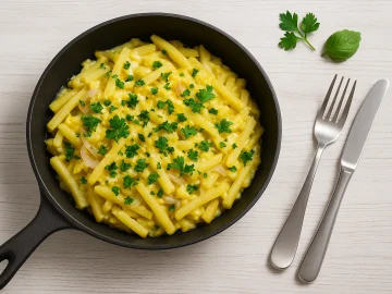 Eierkartoffeln mit Zwiebeln und Petersilie in einer rustikalen Guss-Pfanne auf Holzhintergrund serviert