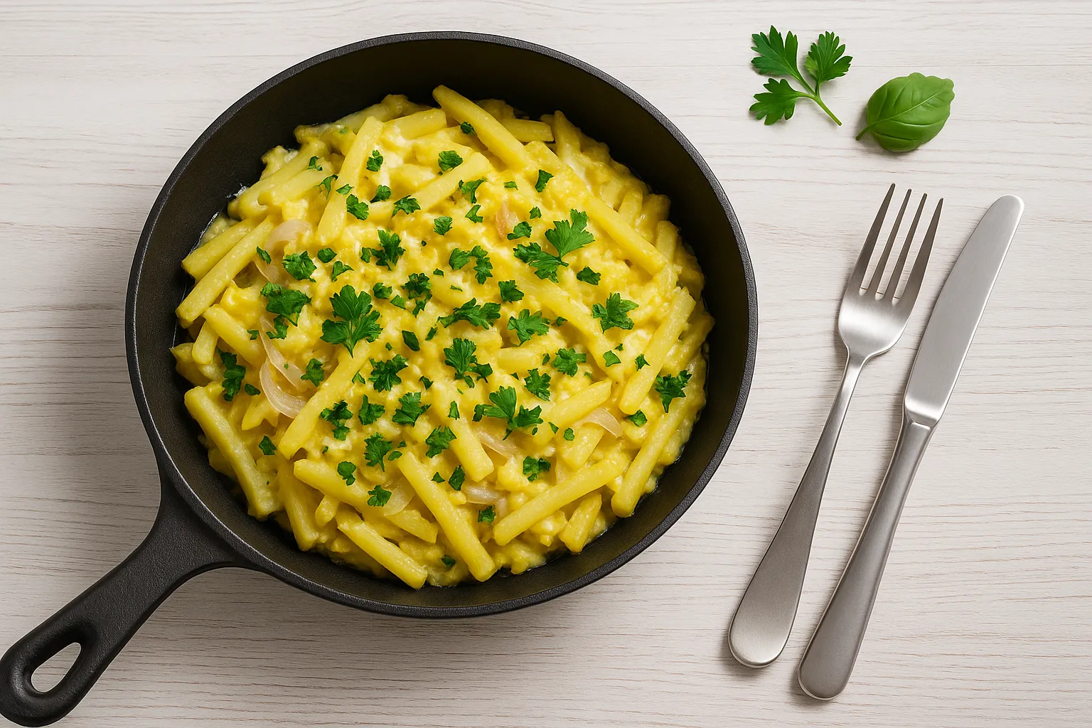 Eierkartoffeln mit Zwiebeln und Petersilie in einer rustikalen Guss-Pfanne auf Holzhintergrund serviert