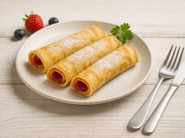 Eierkuchen aus Quarkteig mit Konfitüre gefüllt, aufgerollt und mit Puderzucker bestäubt, auf weißem Teller serviert