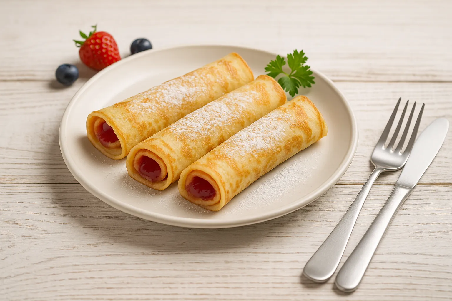 Eierkuchen aus Quarkteig mit Konfitüre gefüllt, aufgerollt und mit Puderzucker bestäubt, auf weißem Teller serviert