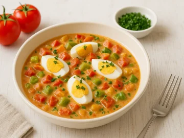 Eierragout mit Paprika, Tomaten und Eiern in weißer Schüssel auf Holztisch dekoriert
