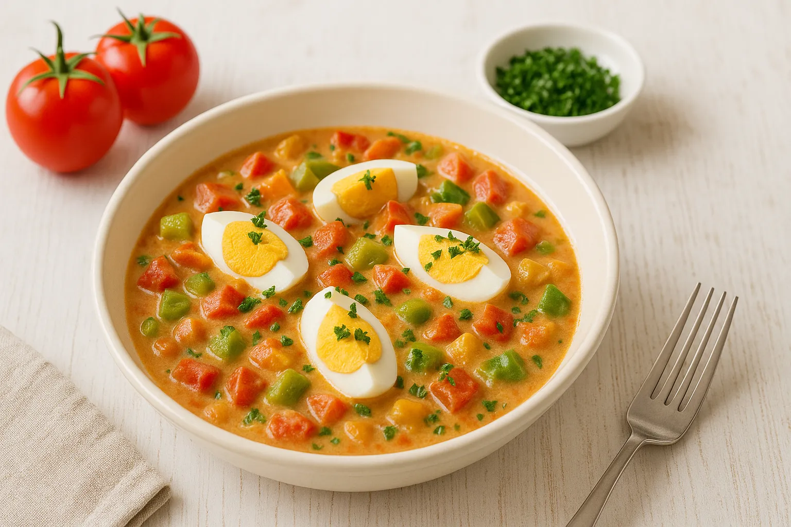 Eierragout mit Paprika, Tomaten und Eiern in weißer Schüssel auf Holztisch dekoriert