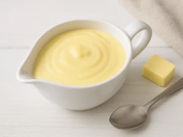 Helle Eiersoße in einer weißen Sauciere auf weißem Holzhintergrund, daneben ein Löffel und etwas Butter.