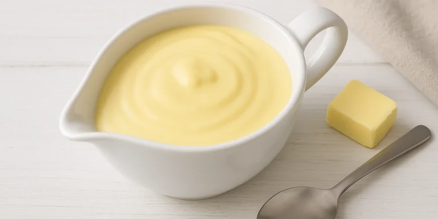 Helle Eiersoße in einer weißen Sauciere auf weißem Holzhintergrund, daneben ein Löffel und etwas Butter.