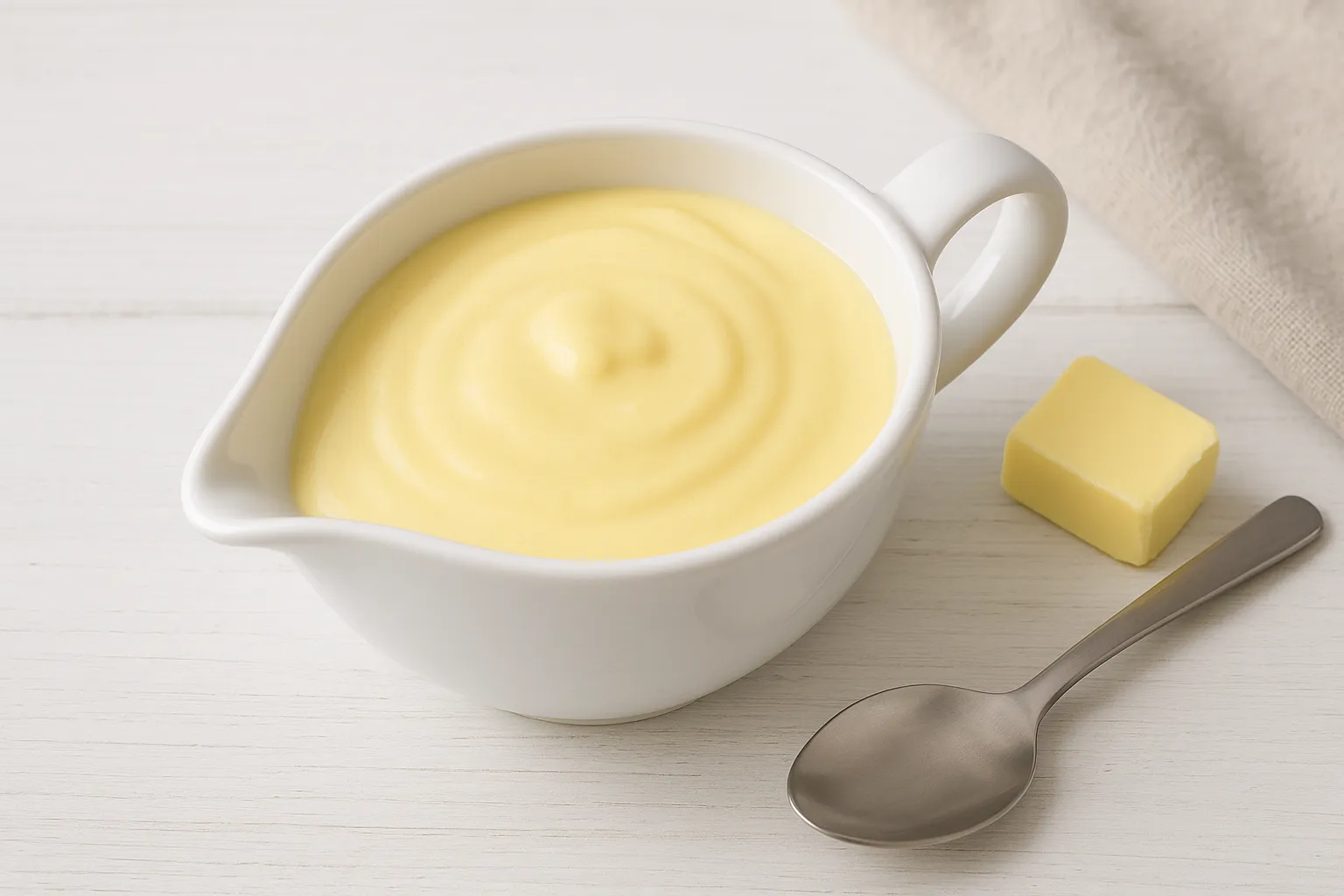 Helle Eiersoße in einer weißen Sauciere auf weißem Holzhintergrund, daneben ein Löffel und etwas Butter.