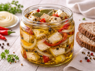 Camembertstücke in Öl mit Zwiebeln und Gewürzen in Glas auf hellem Holztisch