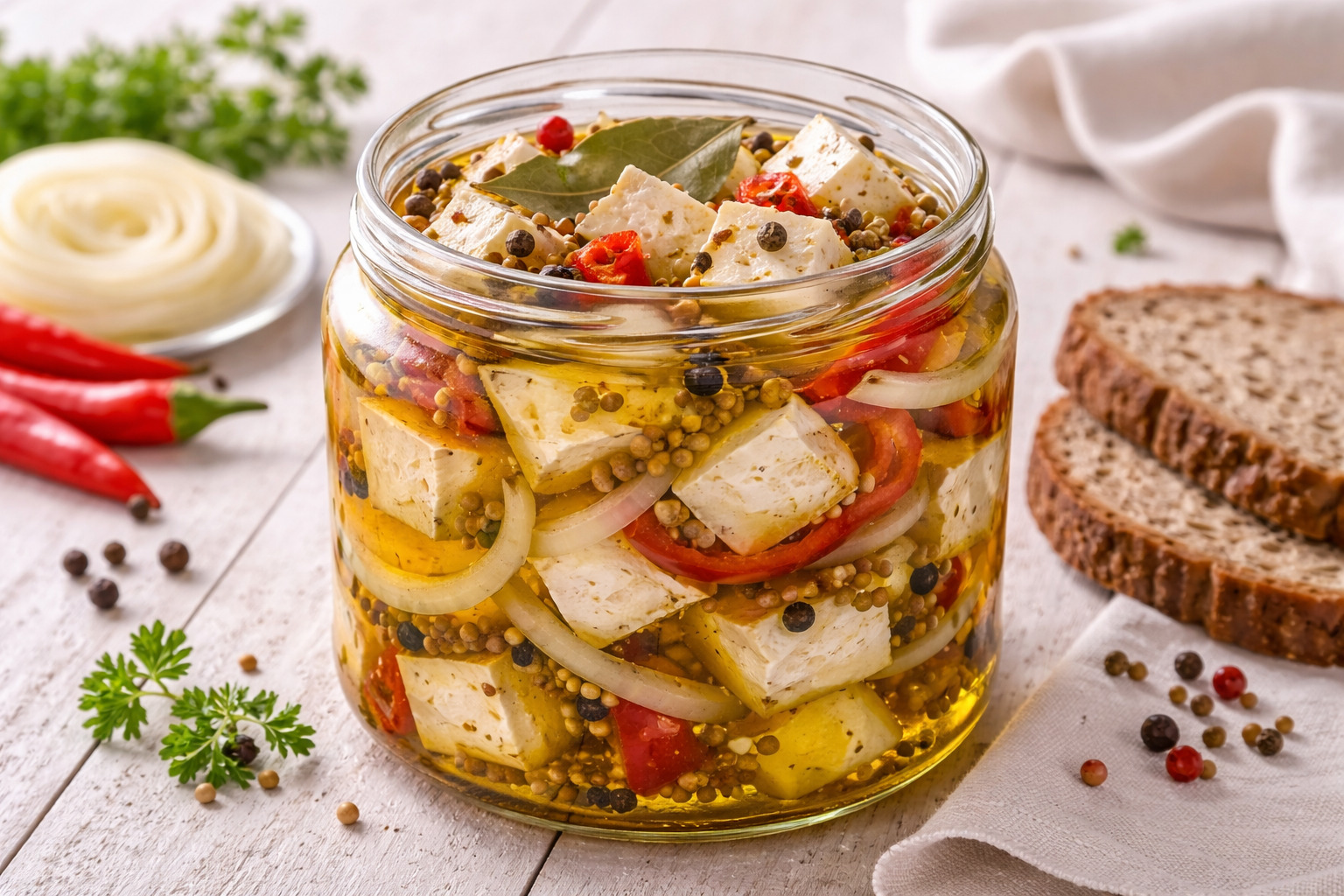 Camembertstücke in Öl mit Zwiebeln und Gewürzen in Glas auf hellem Holztisch