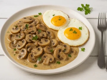 Eingemachte Pilze in cremiger Sauce, serviert mit Spiegeleiern auf einem weißen Teller