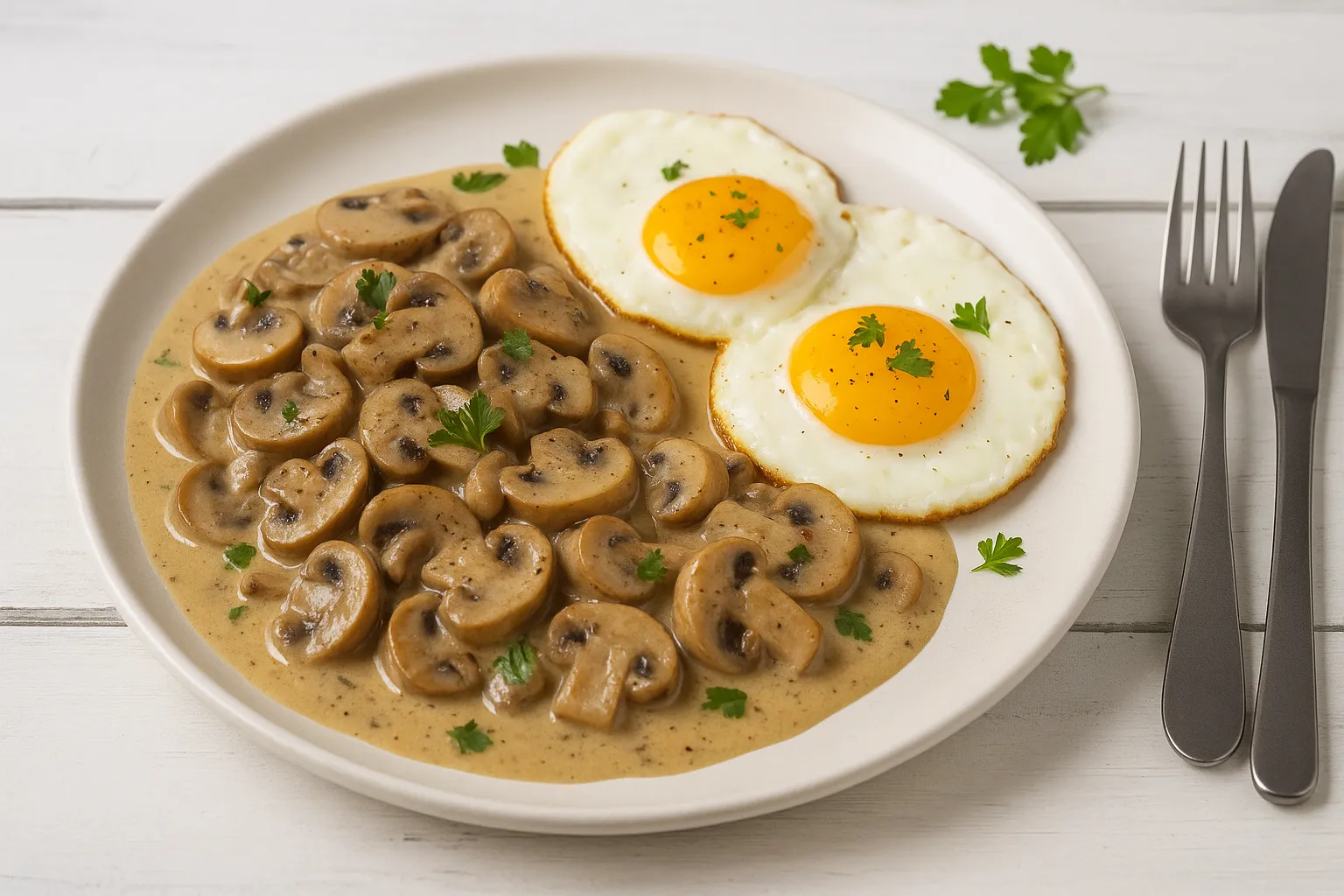 Eingemachte Pilze in cremiger Sauce, serviert mit Spiegeleiern auf einem weißen Teller