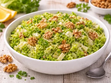 Frischer Endiviensalat mit Walnüssen und Sellerie in Schüssel auf hellem Holzhintergrund