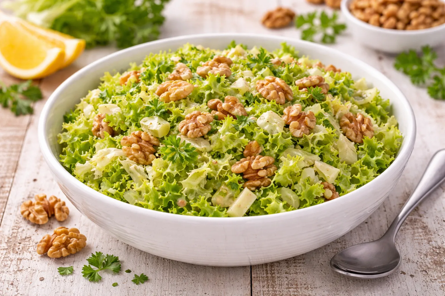 Frischer Endiviensalat mit Walnüssen und Sellerie in Schüssel auf hellem Holzhintergrund