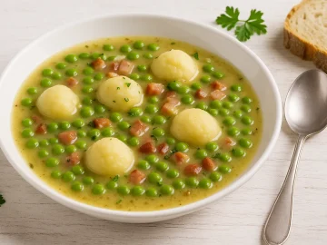 Erbsensuppe mit Kartoffelklößen und Speck in weißem Teller, serviert mit Löffel, Brot und frischen Kräutern auf hellem Holztisch