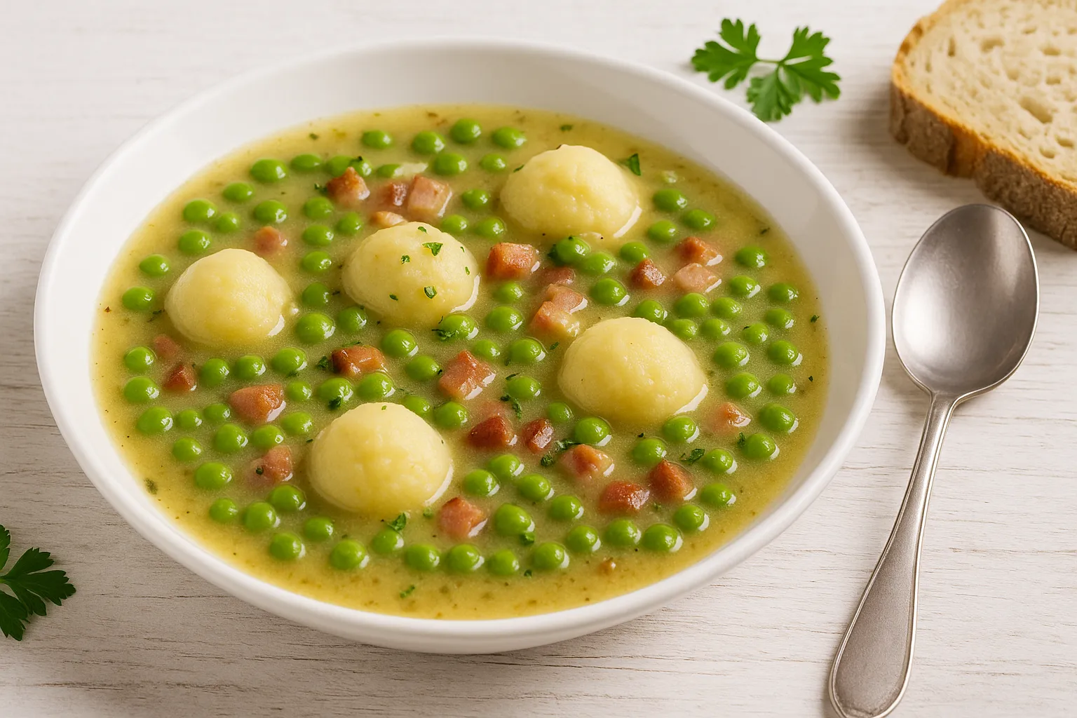 Erbsensuppe mit Kartoffelklößen und Speck in weißem Teller, serviert mit Löffel, Brot und frischen Kräutern auf hellem Holztisch