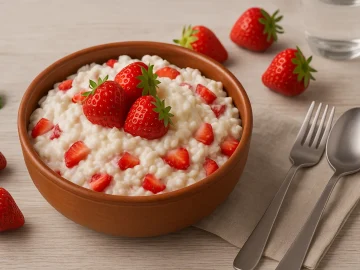 Erdbeer-Reis-Salat mit Milchreis, Erdbeeren und Sahne in einer Terrakotta-Schale serviert