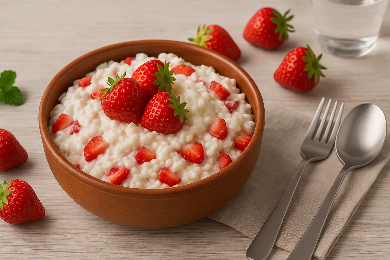 Erdbeer-Reis-Salat mit Milchreis, Erdbeeren und Sahne in einer Terrakotta-Schale serviert