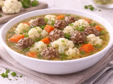 Tiefer weißer Teller mit Erfurter Blumenkohlsuppe, Blumenkohlröschen, Möhrenstücken und kleinen Bratklößchen auf weißem Holzhintergrund