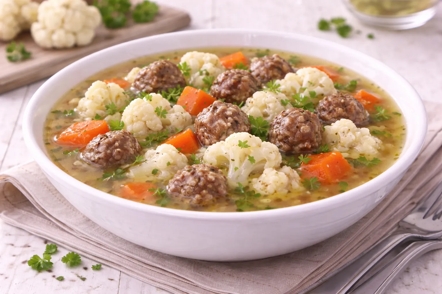 Tiefer weißer Teller mit Erfurter Blumenkohlsuppe, Blumenkohlröschen, Möhrenstücken und kleinen Bratklößchen auf weißem Holzhintergrund