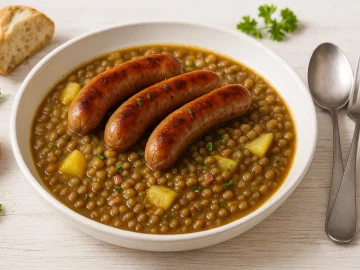 Erzgebirgischer Linsentopf mit Linsen, Kartoffeln, Speck und Bratwürsten in rustikalem Geschirr auf Holzuntergrund