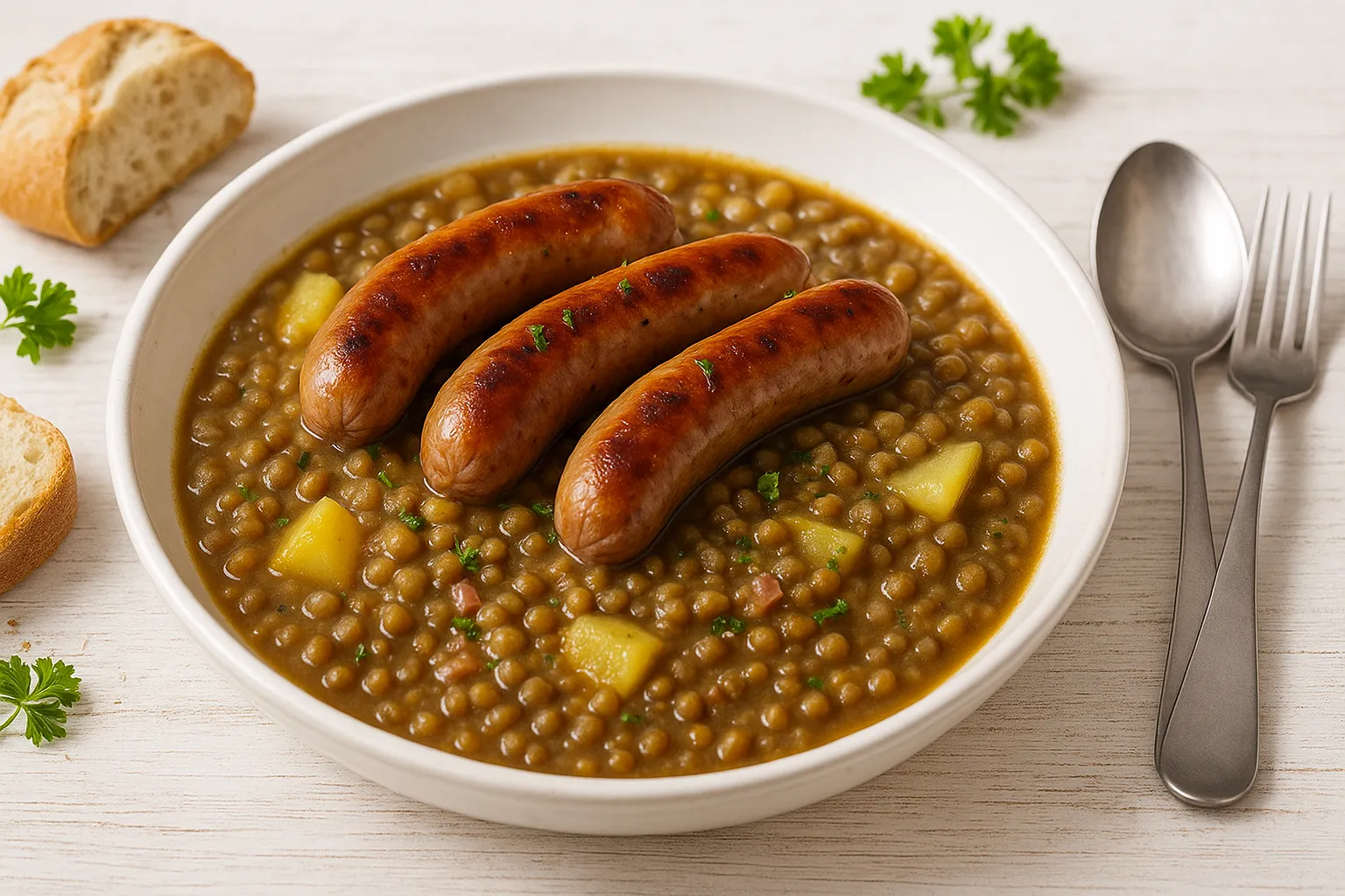 Erzgebirgischer Linsentopf mit Linsen, Kartoffeln, Speck und Bratwürsten in rustikalem Geschirr auf Holzuntergrund