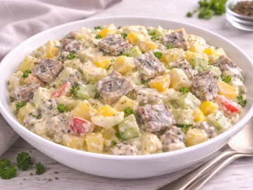 Feiner Heringssalat mit Heringsstücken, Kartoffeln, Ei, Apfel und Gurke in cremiger saurer Sahne in weißer Schüssel.