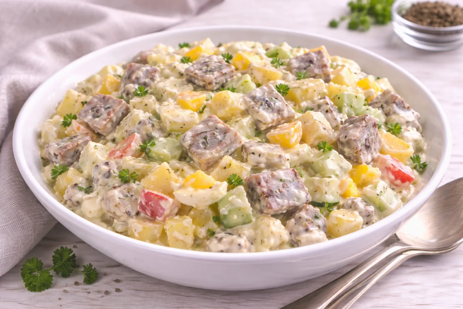 Feiner Heringssalat mit Heringsstücken, Kartoffeln, Ei, Apfel und Gurke in cremiger saurer Sahne in weißer Schüssel.