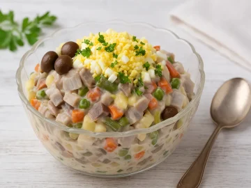 Feiner russischer Heringssalat mit Hering, Rogen, Gemüse und Eiern in einer Glasschale serviert