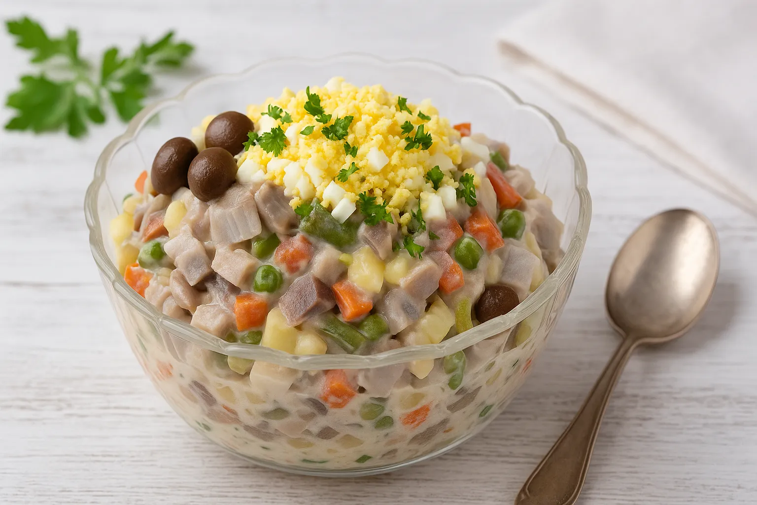 Feiner russischer Heringssalat mit Hering, Rogen, Gemüse und Eiern in einer Glasschale serviert