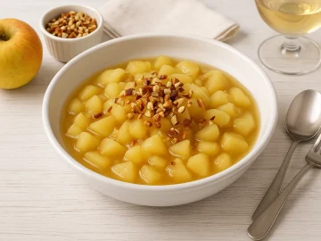 Apfelkompott mit Mandeln in weißer DDR-Schüssel auf hellem Holztisch dekoriert