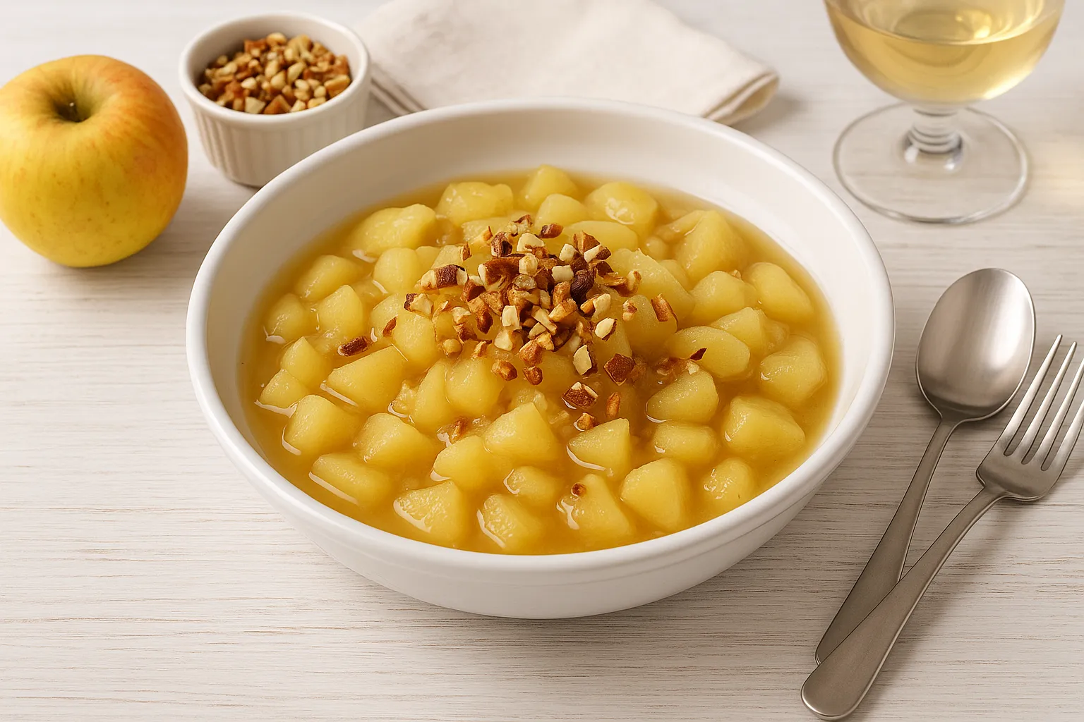 Apfelkompott mit Mandeln in weißer DDR-Schüssel auf hellem Holztisch dekoriert