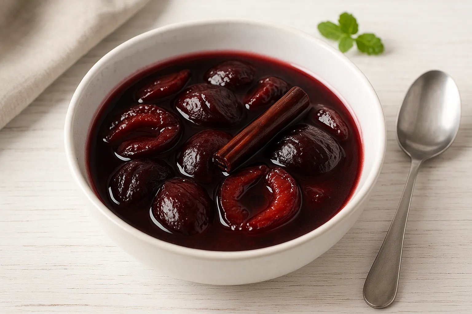 Weiße Schüssel mit feinem Pflaumenkompott, verfeinert mit Rotwein und Zimtstange auf weißem Holzhintergrund
