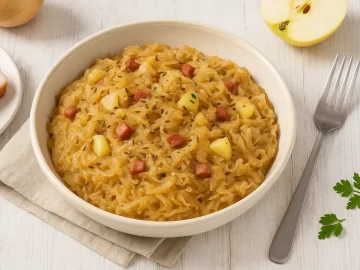 Herzhaftes Sauerkraut mit Speck, Apfelstücken und Zwiebeln in weißer Schüssel serviert