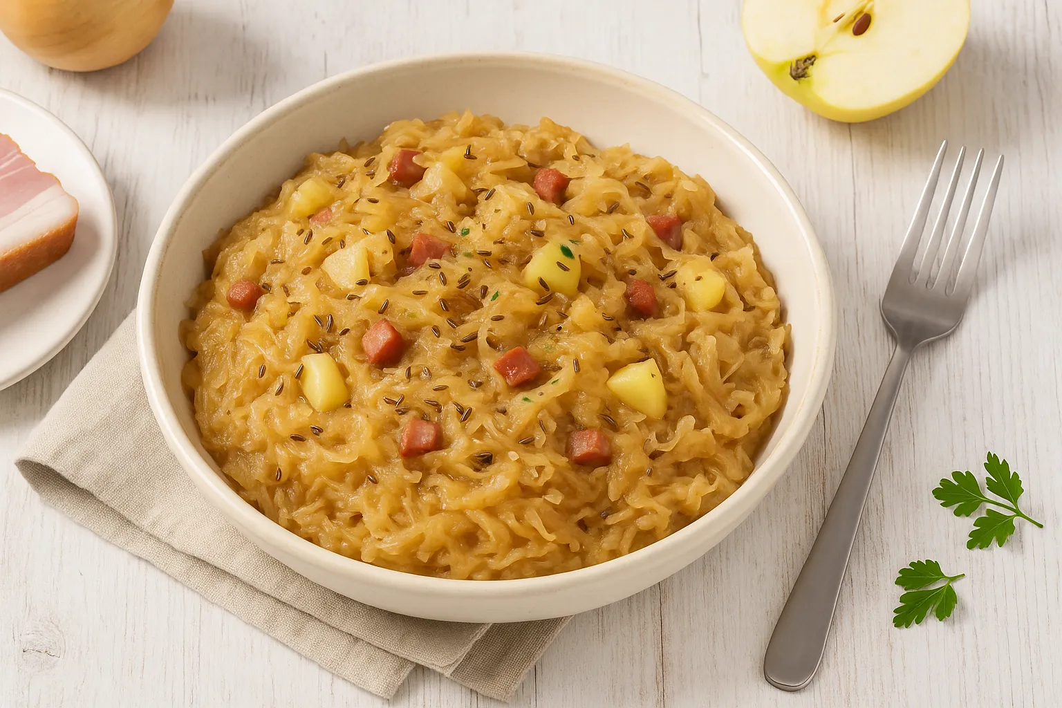 Herzhaftes Sauerkraut mit Speck, Apfelstücken und Zwiebeln in weißer Schüssel serviert